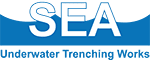 A blue and white logo for sea water treatment.