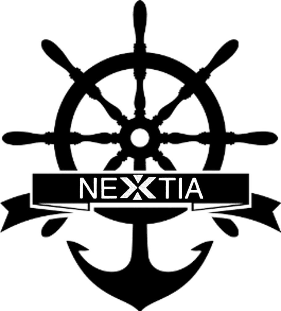 Nextia logo: ship wheel, anchor, banner.