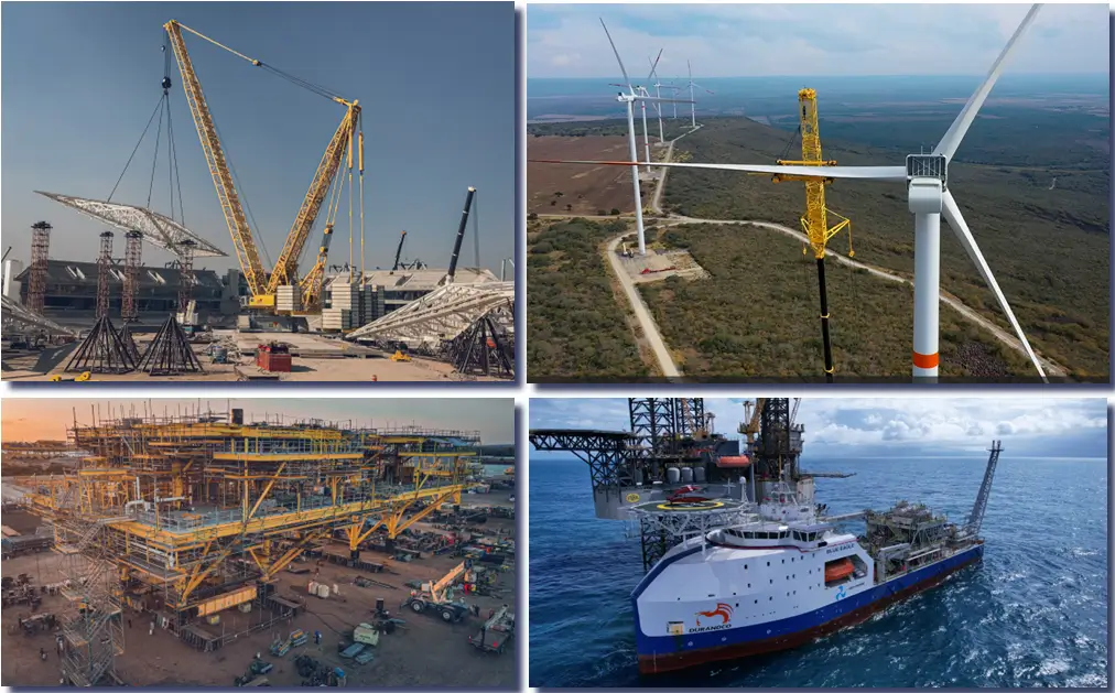 A series of four pictures showing construction and the ocean.